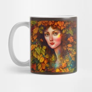 Autumnal Equinox Beautiful Woman Surrounded By Autumn Leaves Mug